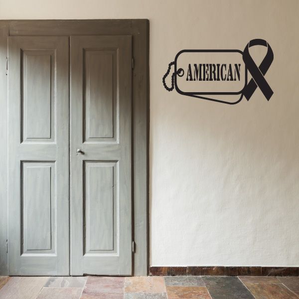 Dog tag ribbon decal with AMERICAN text and black awareness ribbon