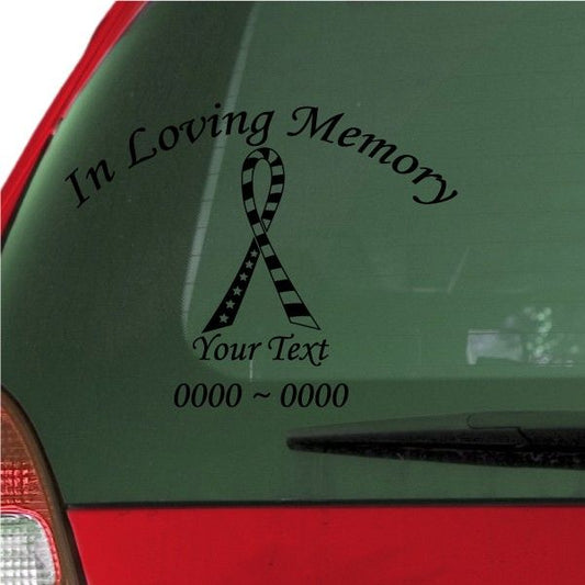 In Loving Memory decal with ribbon and stars, 'Your Text' and number line