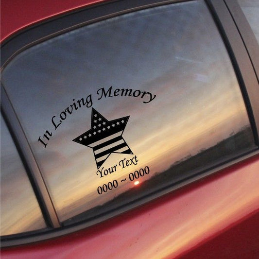 In loving memory decal with American flag star and ribbon, custom text placeholders