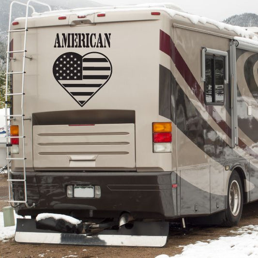 Heart-shaped American flag decal with AMERICAN text on RV side