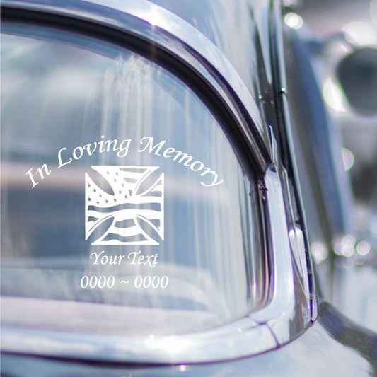 Memorial decal: “In Loving Memory” text with cross icon and custom lines