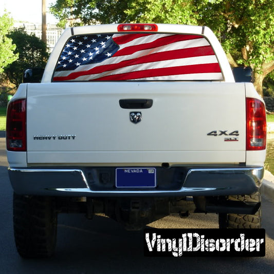 Truck rear window graphic with American flag design