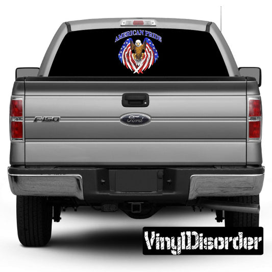 Pickup rear window graphic decal with American Pride eagle and flag emblem