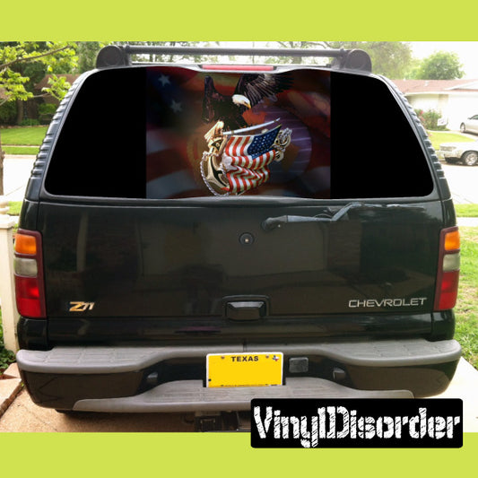Patriotic rear window graphic decal on truck glass