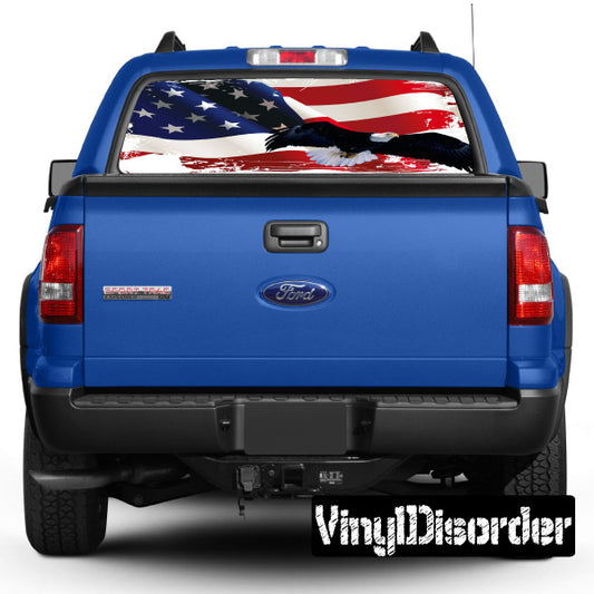 Blue pickup truck rear window graphic with American flag stars and stripes