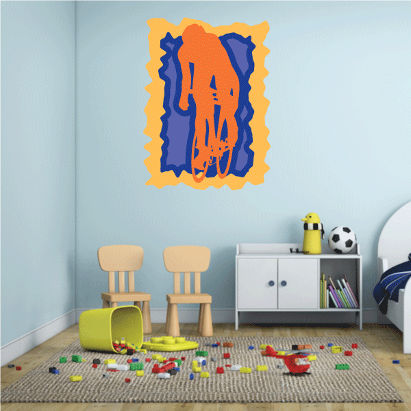 Cyclist themed sticker, orange and navy graphic with rider silhouette