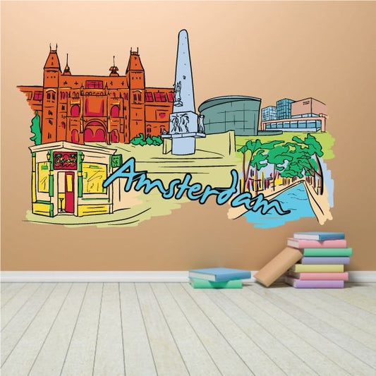 Colorful Amsterdam skyline sticker with stylized lettering and canal bridge.
