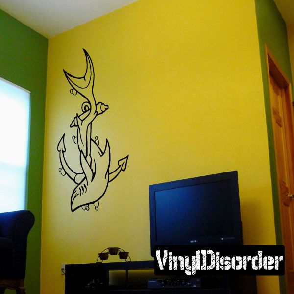 Shark anchor wrap wall decal, black cartoon outline on wall