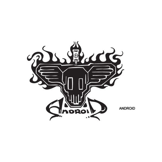 Android graffiti decal with black robot head, wing flames, and ANDROID text