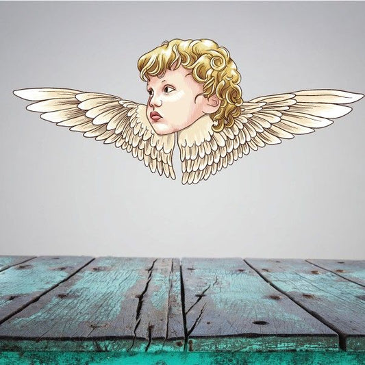 Angel and wings sticker with cherub face, blonde hair, and white feathered wings