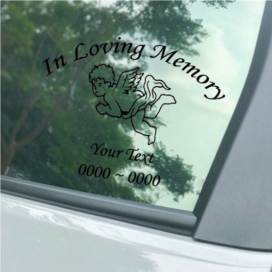 In Loving Memory car decal with angel cherub and custom text