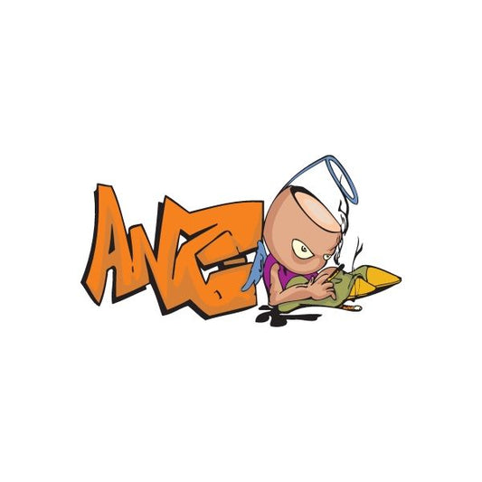 Graffiti angel boy sticker with orange tag and cartoon character