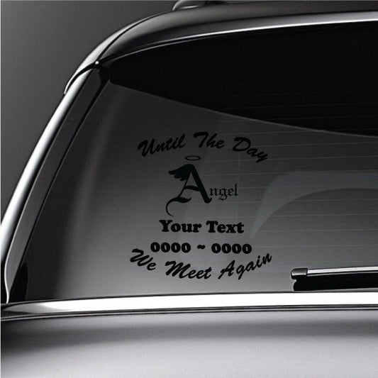 Memorial angel car window decal with custom text and We Meet Again