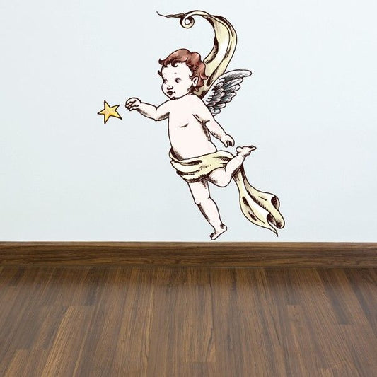 Angel grabbing star sticker, winged cupid illustration in cream and gold tones