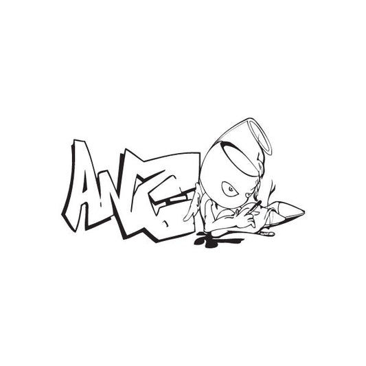 Angel graffiti decal: black outline angel with spray can beside graffiti lettering