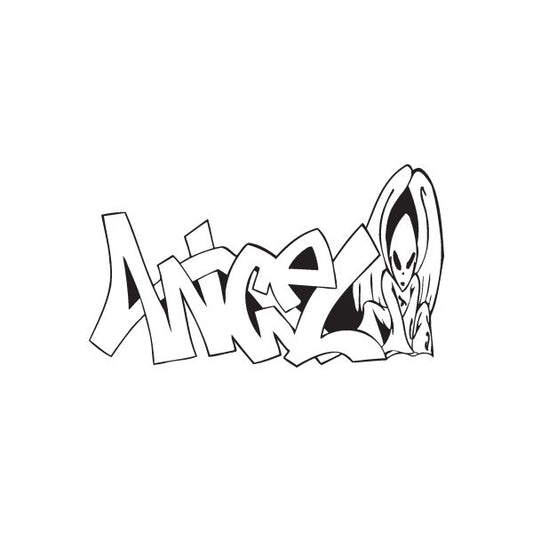 Angel graffiti decal with black-and-white angel face and stylized lettering