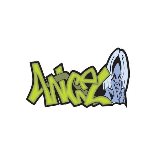 Graffiti angel sticker with lime green lettering and blue angel face and halo