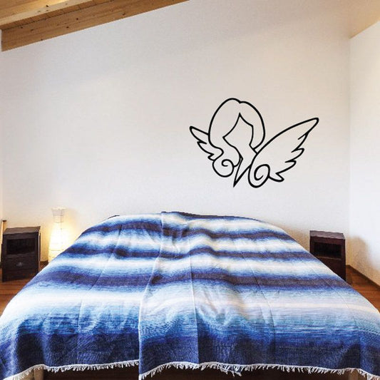 Angel head bust decal with outline angel wings, black line art