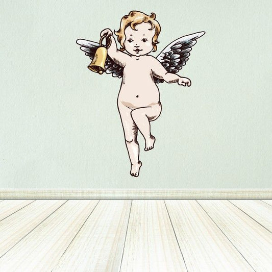 Angel sticker of a nude cherub with wings holding a ringing bell