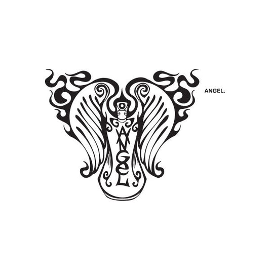 Angel spray paint can decal with black stylized angel wings and face line art
