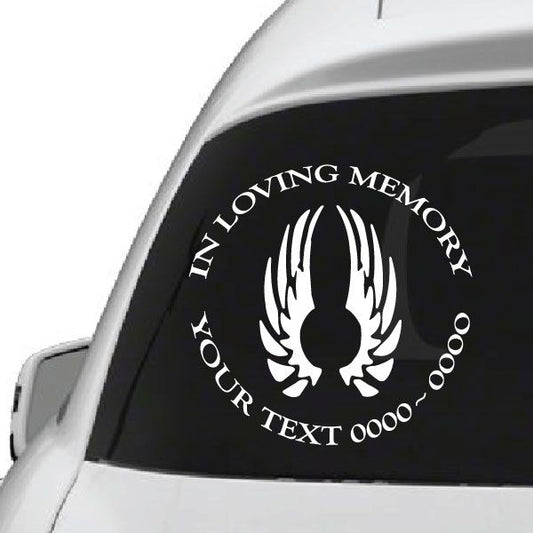 Black angel wing memorial decal with white “IN LOVING MEMORY” text and heart symbol