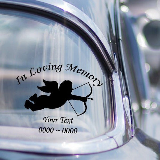 In loving memory angel with arrow decal on car window, with custom text.