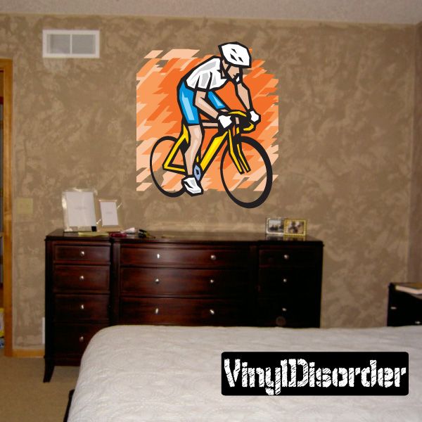 Cyclist wall sticker with colorful abstract helmet rider graphic and orange burst