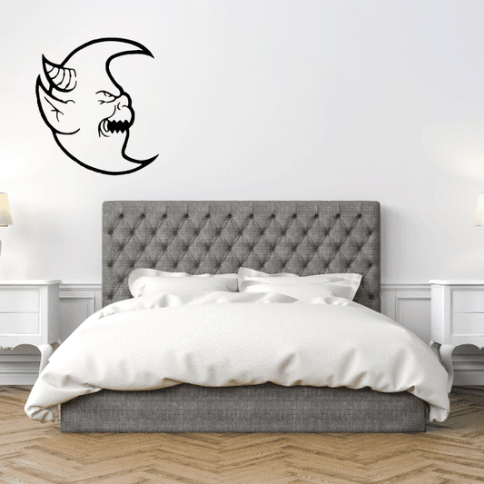Crescent moon demon wall decal with angry face in black outline