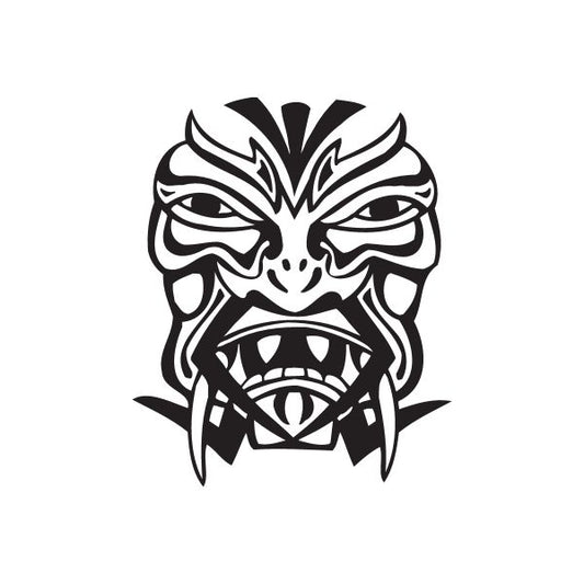Angry tiki face decal, black-and-white with fangs and tribal mask lines