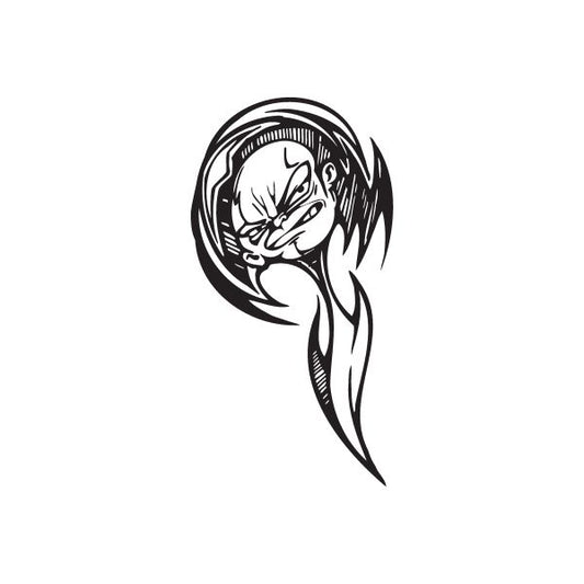 Graffiti decal of an angry face with black outline and white fill, hair swoosh