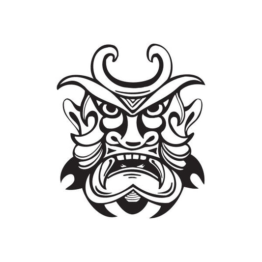 Angry horned tiki decal, black tattoo-style mask face with curved horns