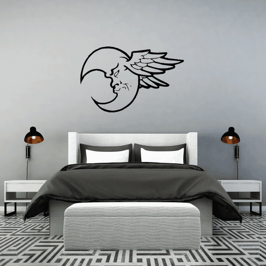 Black outline moon with wings wall decal