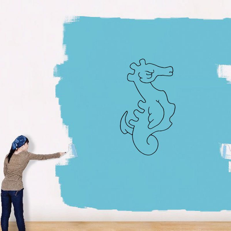 Angry seahorse decal with blue background and thin line art seahorse