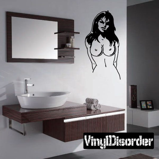 Line-art woman wall decal, black outline with long hair.