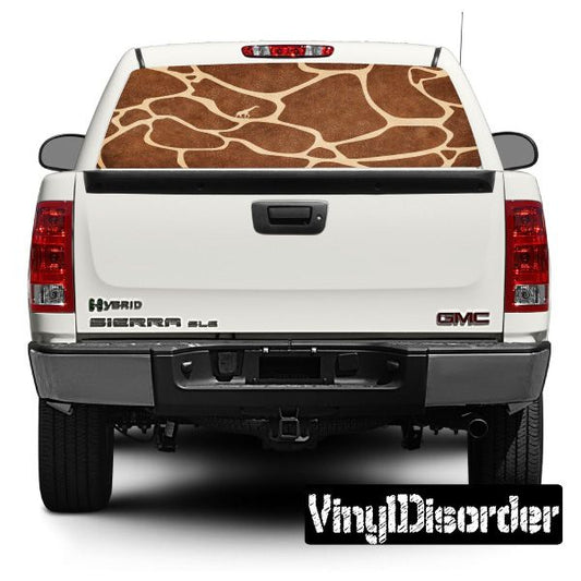 Giraffe animal print rear window graphic with brown and tan spots