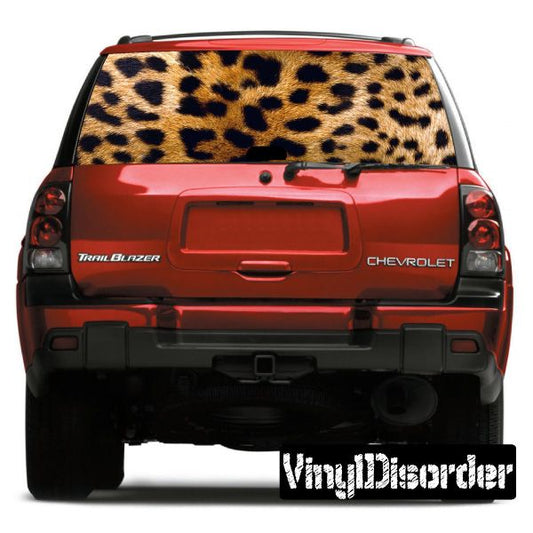 Leopard print rear window graphic decal on a red SUV