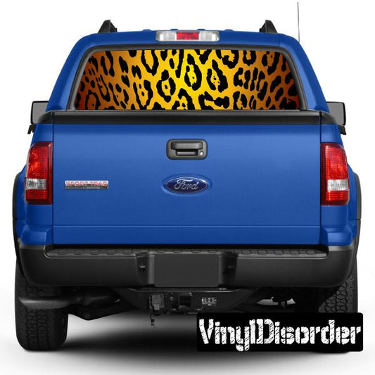 Leopard animal print rear window graphic on blue vehicle trunk