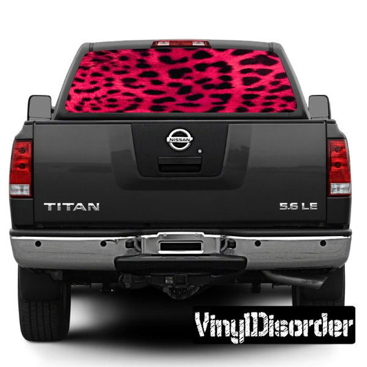 Pink leopard rear window graphic for pickup truck