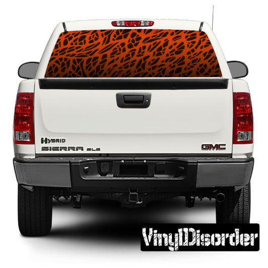 Animal print rear window graphic with orange and black leopard pattern