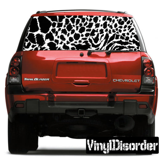 Snow leopard animal print rear window graphic on black background