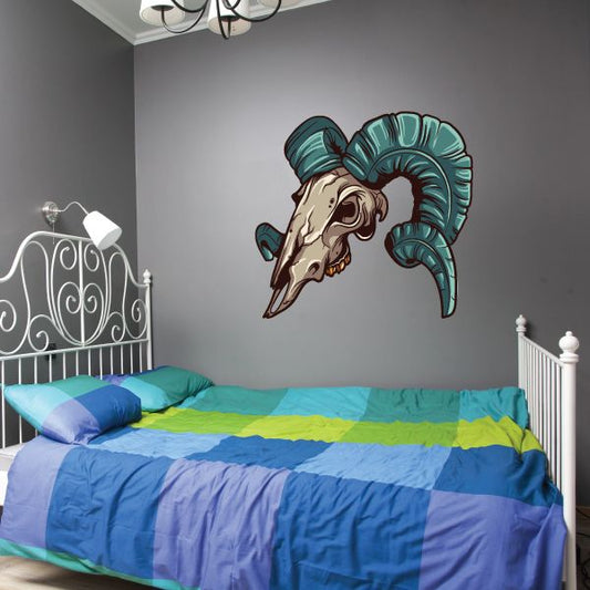 Ram skull sticker with teal curled horns and open jaw detail