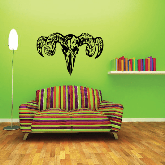 Animal skull wall decal in black, dripping fanged monster skull with horns