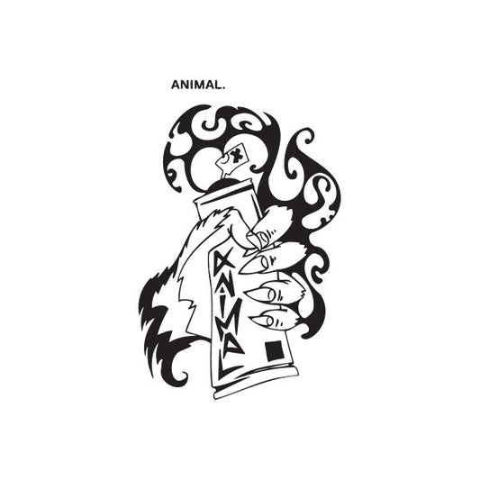 Animal spray can decal: black-and-white cat figure holding a spray can