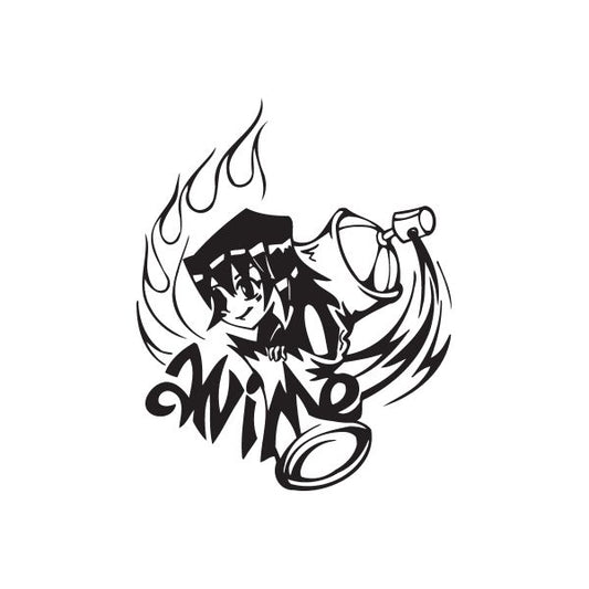 Anime graffiti decal featuring a black anime figure with flame accents
