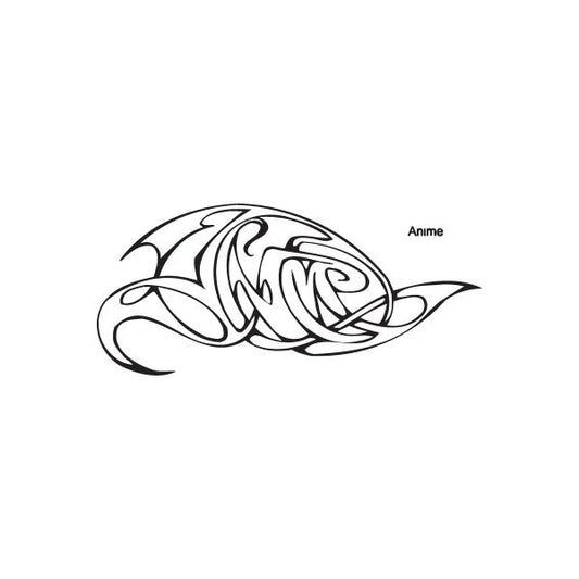 Anime swirl graffiti decal, black tribal-style dragon swirl outline with small text