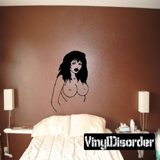 Woman bust decal with black hair, annoyed expression, line-art style