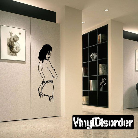 Wall decal of a turned-away topless woman silhouette in black line art