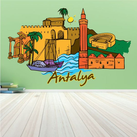Antalya sticker design: harbor castle, red tower, sailboat, palm trees and “Antalya” script