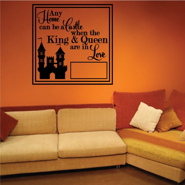 Square wall decal with castle silhouette and love-themed text of king and queen