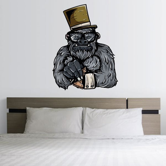 Ape chess player sticker with cartoon ape wearing a top hat and holding a chess piece